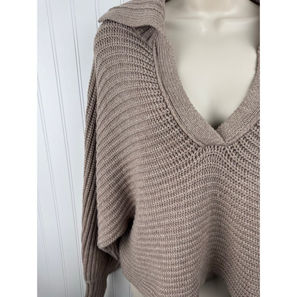 Slouchy Taupe Chunky Knit Sweater Women’s Small Oversized V-Neck Collared - Picture 3 of 8